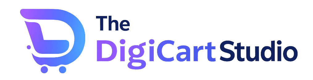 The DigiCart Studio gradient logo with shopping cart icon for Canva templates, AI prompts, Elementor kits, and digital design resources