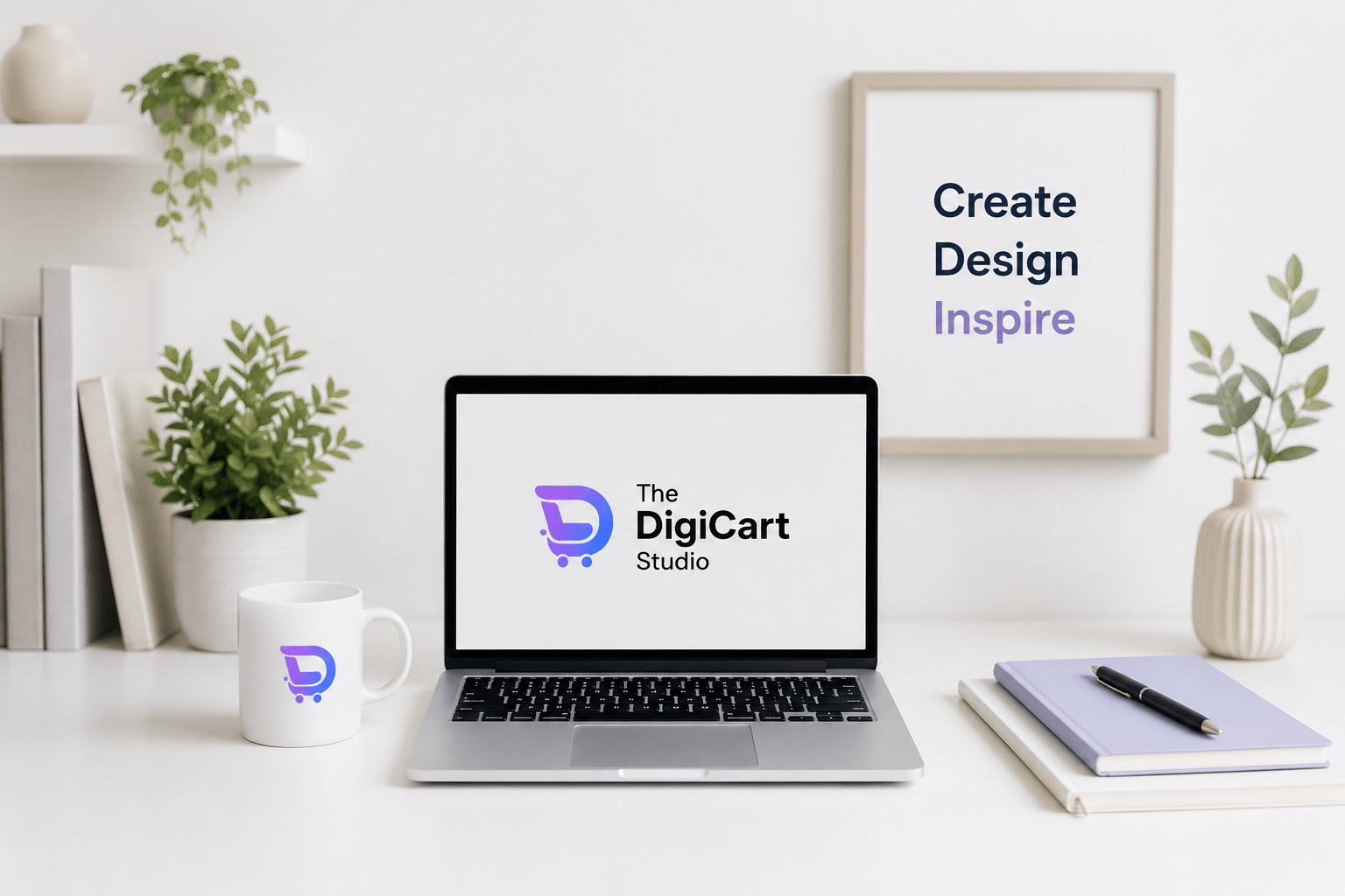 Modern creative workspace with The DigiCart Studio branding, laptop mockup, minimalist desk setup, and digital creator aesthetic